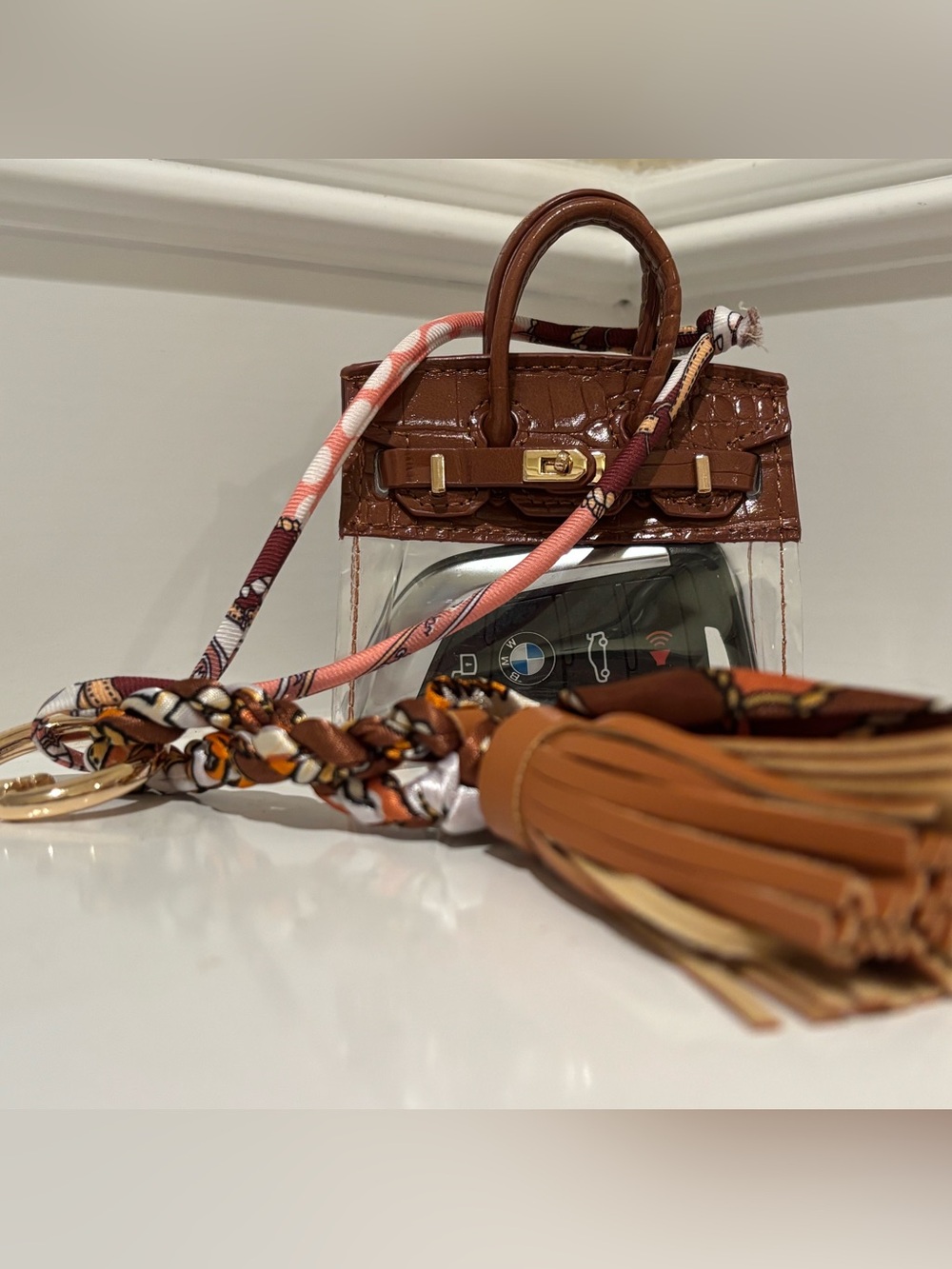Handmade Mini Purse Charm | Brown Faux Leather | Twilly Scarf Keychain